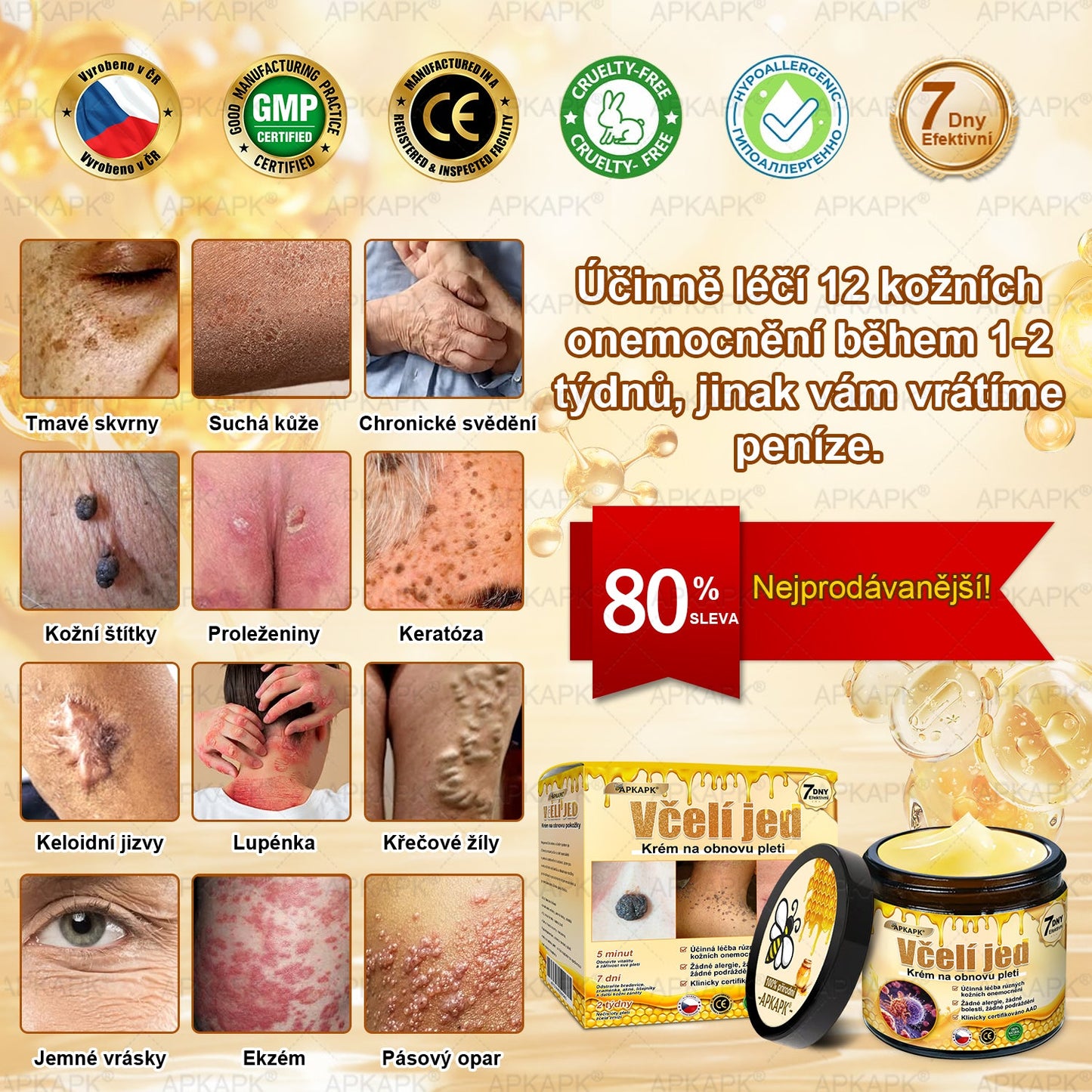 𝖠𝖯𝖪𝖠𝖯𝖪® 🐝 Krém s včelím jedem na obnovu pokožky 🐝 pomáhá při řešení kožních problémů, jako jsou: vrásky, jizvy, pigmentové skvrny, strie, akné, lupénka, ekzém, kožní léze, podráždění, záněty a další kožní potíže.