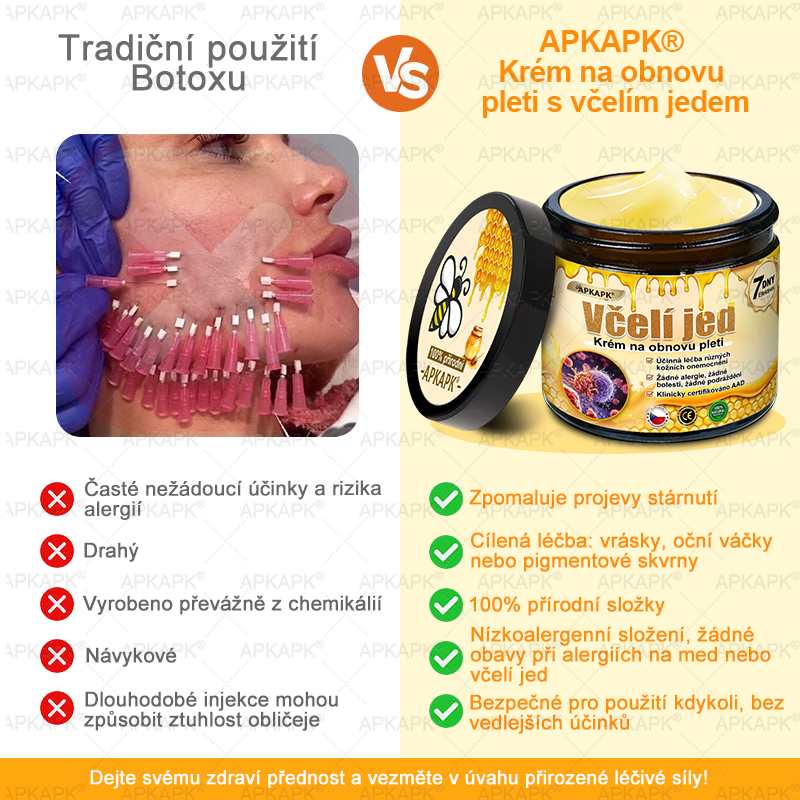 Dermatologicky a klinicky testováno👩‍⚕️APKAPK®Bee Venom Krém na obnovení pleti🐝 pomáhá při léčbě kožních problémů, jako jsou: vrásky, jizvy, pigmentové skvrny, strie, akné, psoriáza, ekzém, kožní změny, podráždění, záněty a další kožní problémy.